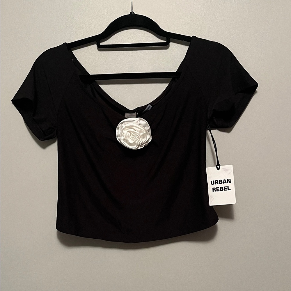 Black Crop Top with White Floral Detail
